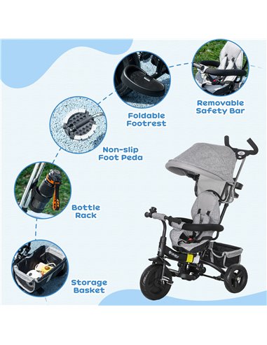 HOMCOM 4 in 1 Kids Trike Push Bike w/ Push Handle, Canopy, 5-point Safety Belt, Storage, Footrest, Brake, for 1-5 Years, Grey 37