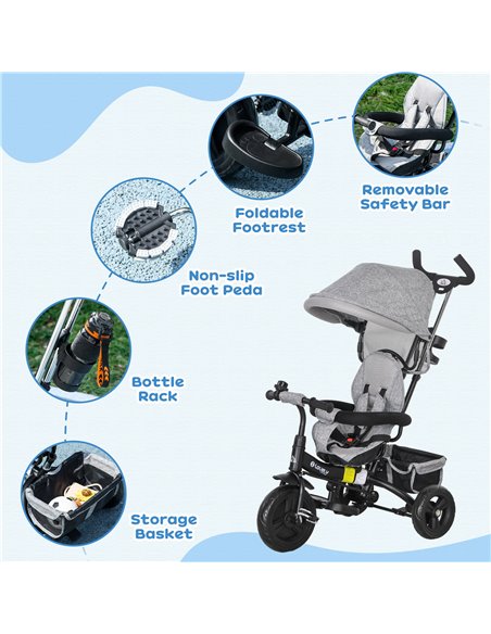 HOMCOM 4 in 1 Kids Trike Push Bike w/ Push Handle, Canopy, 5-point Safety Belt, Storage, Footrest, Brake, for 1-5 Years, Grey 37 - pic 60912 | FastDaddyshop