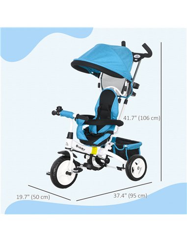 HOMCOM 4 in 1 Kids Trike Push Bike w/ Push Handle, Canopy, 5-point Safety Belt, Storage, Footrest, Brake, for 1-5 Years, Blue 37