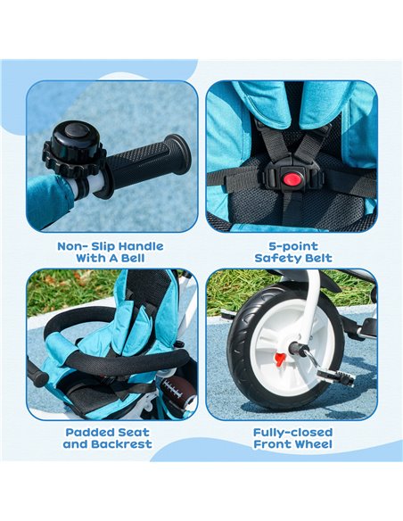 HOMCOM 4 in 1 Kids Trike Push Bike w/ Push Handle, Canopy, 5-point Safety Belt, Storage, Footrest, Brake, for 1-5 Years, Blue 37 - pic 60918 | FastDaddyshop