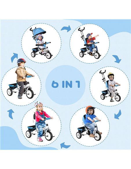 HOMCOM 4 in 1 Kids Trike Push Bike w/ Push Handle, Canopy, 5-point Safety Belt, Storage, Footrest, Brake, for 1-5 Years, Blue 37 - pic 60919 | FastDaddyshop