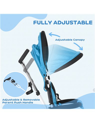HOMCOM 4 in 1 Kids Trike Push Bike w/ Push Handle, Canopy, 5-point Safety Belt, Storage, Footrest, Brake, for 1-5 Years, Blue 37