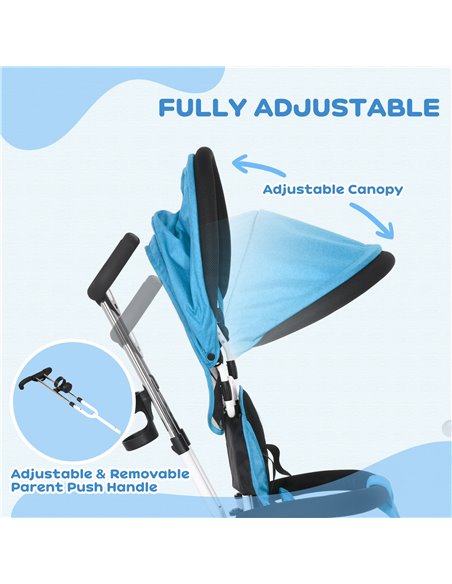 HOMCOM 4 in 1 Kids Trike Push Bike w/ Push Handle, Canopy, 5-point Safety Belt, Storage, Footrest, Brake, for 1-5 Years, Blue 37 - pic 60920 | FastDaddyshop