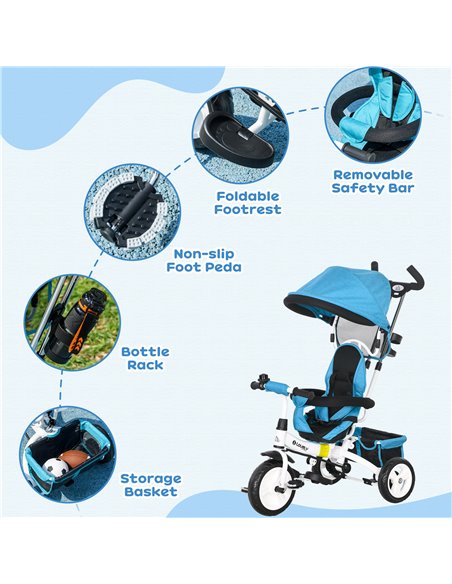 HOMCOM 4 in 1 Kids Trike Push Bike w/ Push Handle, Canopy, 5-point Safety Belt, Storage, Footrest, Brake, for 1-5 Years, Blue 37 - pic 60921 | FastDaddyshop