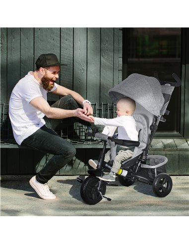 HOMCOM 4 in 1 Kids Trike Push Bike w/ Push Handle, Canopy, 5-point Safety Belt, Storage, Footrest, Brake, for 1-5 Years, Grey 37