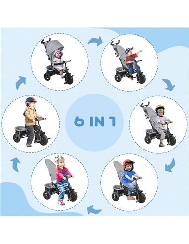 HOMCOM 4 in 1 Kids Trike Push Bike w/ Push Handle, Canopy, 5-point Safety Belt, Storage, Footrest, Brake, for 1-5 Years, Grey 37