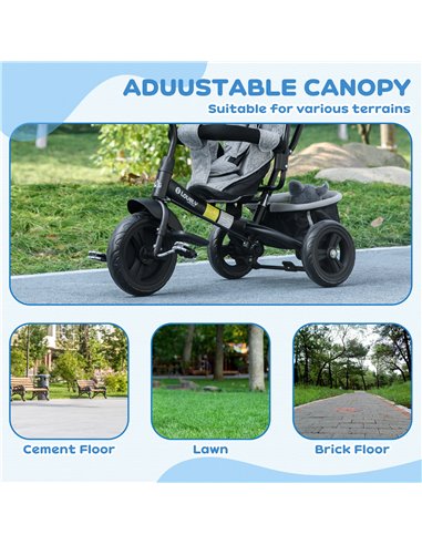 HOMCOM 4 in 1 Kids Trike Push Bike w/ Push Handle, Canopy, 5-point Safety Belt, Storage, Footrest, Brake, for 1-5 Years, Grey 37
