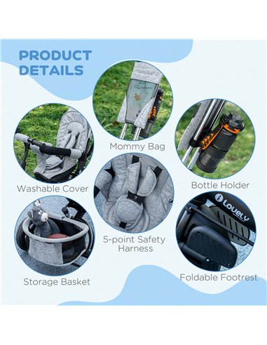 HOMCOM 4 in 1 Kids Trike Push Bike w/ Push Handle, Canopy, 5-point Safety Belt, Storage, Footrest, Brake, for 1-5 Years, Grey 37