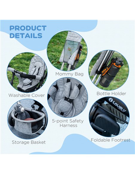 HOMCOM 4 in 1 Kids Trike Push Bike w/ Push Handle, Canopy, 5-point Safety Belt, Storage, Footrest, Brake, for 1-5 Years, Grey 37 - pic 60930 | FastDaddyshop