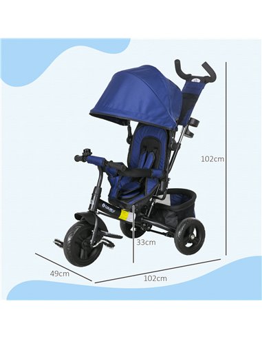 HOMCOM 4 in 1 Kids Trike Push Bike w/ Push Handle, Canopy, 5-point Safety Belt, Storage, Footrest, Brake, for 1-5 Years, Blue 37