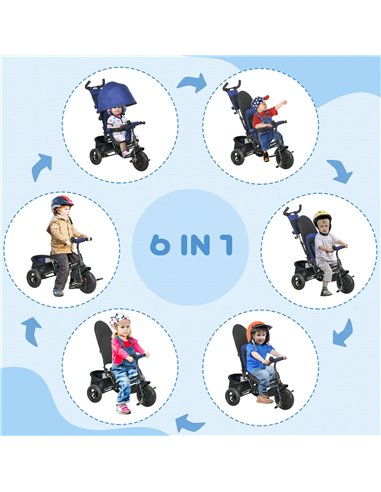 HOMCOM 4 in 1 Kids Trike Push Bike w/ Push Handle, Canopy, 5-point Safety Belt, Storage, Footrest, Brake, for 1-5 Years, Blue 37