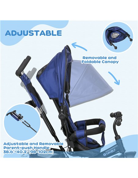 HOMCOM 4 in 1 Kids Trike Push Bike w/ Push Handle, Canopy, 5-point Safety Belt, Storage, Footrest, Brake, for 1-5 Years, Blue 37 - pic 60937 | FastDaddyshop
