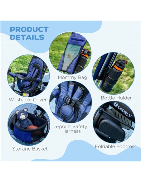 HOMCOM 4 in 1 Kids Trike Push Bike w/ Push Handle, Canopy, 5-point Safety Belt, Storage, Footrest, Brake, for 1-5 Years, Blue 37 - pic 60939 | FastDaddyshop