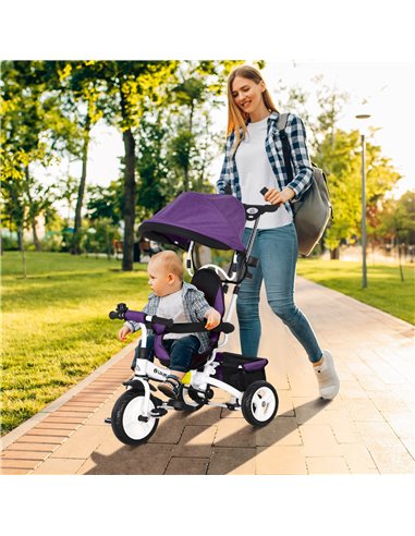 HOMCOM 4 in 1 Kids Trike Push Bike w/ Push Handle, Canopy, 5-point Safety Belt, Storage, Footrest, Brake, for 1-5 Years, Purple 