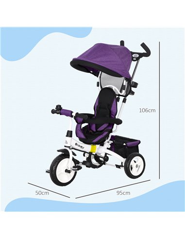 HOMCOM 4 in 1 Kids Trike Push Bike w/ Push Handle, Canopy, 5-point Safety Belt, Storage, Footrest, Brake, for 1-5 Years, Purple 