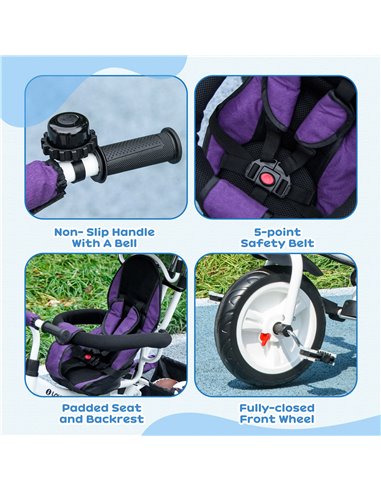HOMCOM 4 in 1 Kids Trike Push Bike w/ Push Handle, Canopy, 5-point Safety Belt, Storage, Footrest, Brake, for 1-5 Years, Purple 