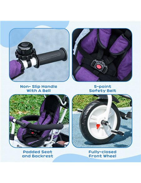 HOMCOM 4 in 1 Kids Trike Push Bike w/ Push Handle, Canopy, 5-point Safety Belt, Storage, Footrest, Brake, for 1-5 Years, Purple  - pic 60945 | FastDaddyshop