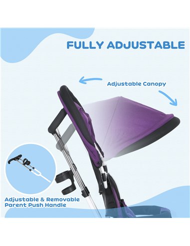 HOMCOM 4 in 1 Kids Trike Push Bike w/ Push Handle, Canopy, 5-point Safety Belt, Storage, Footrest, Brake, for 1-5 Years, Purple 