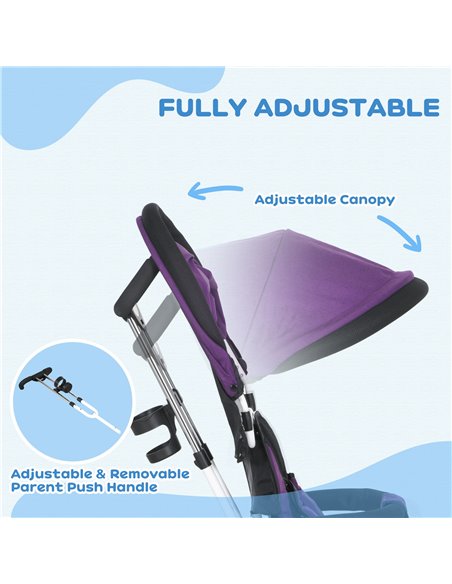 HOMCOM 4 in 1 Kids Trike Push Bike w/ Push Handle, Canopy, 5-point Safety Belt, Storage, Footrest, Brake, for 1-5 Years, Purple  - pic 60947 | FastDaddyshop