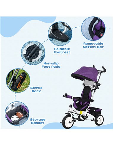 HOMCOM 4 in 1 Kids Trike Push Bike w/ Push Handle, Canopy, 5-point Safety Belt, Storage, Footrest, Brake, for 1-5 Years, Purple 