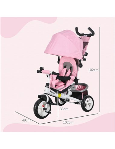 HOMCOM 4 in 1 Kids Trike Push Bike w/ Push Handle, Canopy, 5-point Safety Belt, Storage, Footrest, Brake, for 1-5 Years, Pink 37
