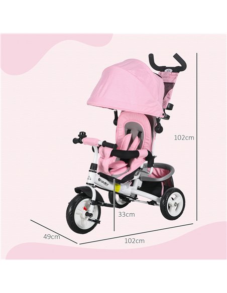 HOMCOM 4 in 1 Kids Trike Push Bike w/ Push Handle, Canopy, 5-point Safety Belt, Storage, Footrest, Brake, for 1-5 Years, Pink 37 - pic 60953 | FastDaddyshop