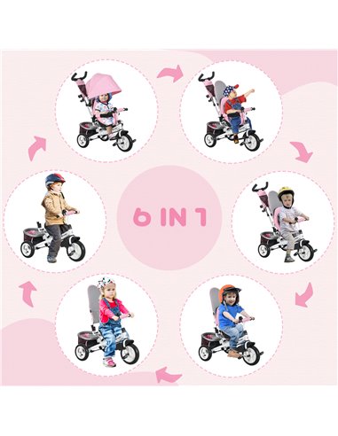 HOMCOM 4 in 1 Kids Trike Push Bike w/ Push Handle, Canopy, 5-point Safety Belt, Storage, Footrest, Brake, for 1-5 Years, Pink 37