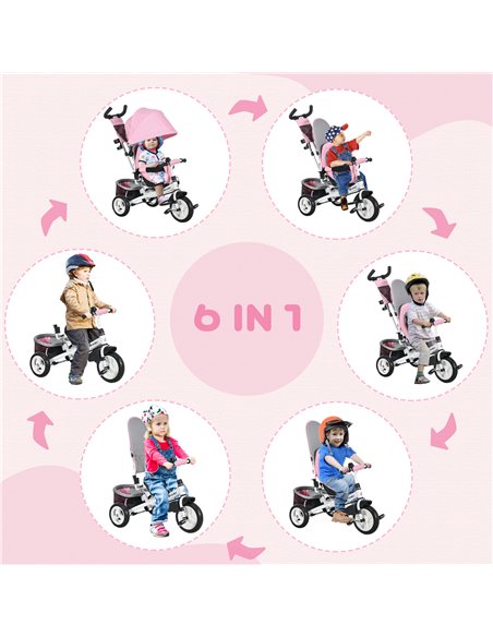 HOMCOM 4 in 1 Kids Trike Push Bike w/ Push Handle, Canopy, 5-point Safety Belt, Storage, Footrest, Brake, for 1-5 Years, Pink 37 - pic 60954 | FastDaddyshop