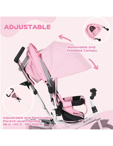 HOMCOM 4 in 1 Kids Trike Push Bike w/ Push Handle, Canopy, 5-point Safety Belt, Storage, Footrest, Brake, for 1-5 Years, Pink 37