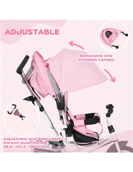 HOMCOM 4 in 1 Kids Trike Push Bike w/ Push Handle, Canopy, 5-point Safety Belt, Storage, Footrest, Brake, for 1-5 Years, Pink 37 - pic 60955 | FastDaddyshop