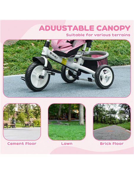 HOMCOM 4 in 1 Kids Trike Push Bike w/ Push Handle, Canopy, 5-point Safety Belt, Storage, Footrest, Brake, for 1-5 Years, Pink 37 - pic 60956 | FastDaddyshop