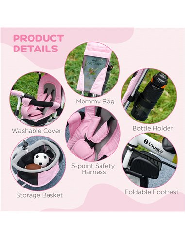 HOMCOM 4 in 1 Kids Trike Push Bike w/ Push Handle, Canopy, 5-point Safety Belt, Storage, Footrest, Brake, for 1-5 Years, Pink 37