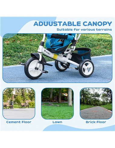 HOMCOM 4 in 1 Kids Trike Push Bike w/ Push Handle, Canopy, 5-point Safety Belt, Storage, Footrest, Brake, for 1-5 Years, Blue 37