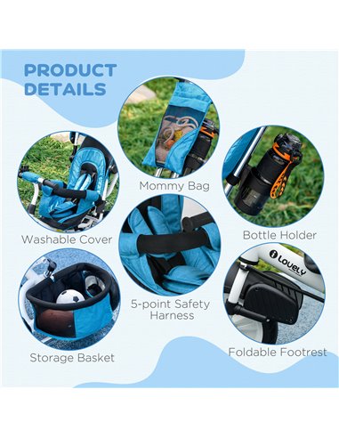 HOMCOM 4 in 1 Kids Trike Push Bike w/ Push Handle, Canopy, 5-point Safety Belt, Storage, Footrest, Brake, for 1-5 Years, Blue 37