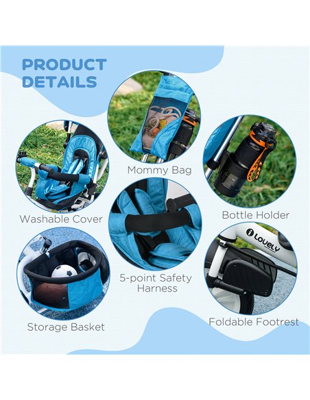 HOMCOM 4 in 1 Kids Trike Push Bike w/ Push Handle, Canopy, 5-point Safety Belt, Storage, Footrest, Brake, for 1-5 Years, Blue 37 - pic 60966 | FastDaddyshop