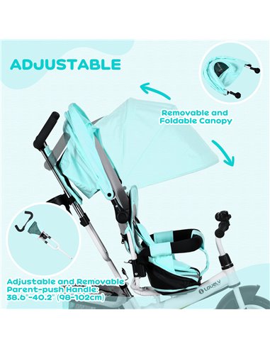 HOMCOM 4 in 1 Kids Trike Push Bike w/ Push Handle, Canopy, 5-point Safety Belt, Storage, Footrest, Brake, for 1-5 Years, Green 3