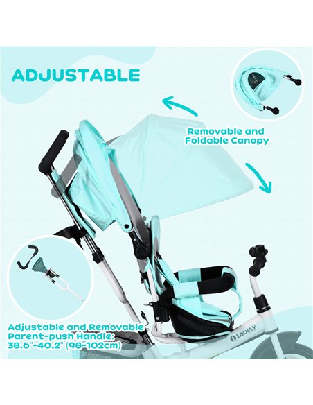 HOMCOM 4 in 1 Kids Trike Push Bike w/ Push Handle, Canopy, 5-point Safety Belt, Storage, Footrest, Brake, for 1-5 Years, Green 3 - pic 60973 | FastDaddyshop