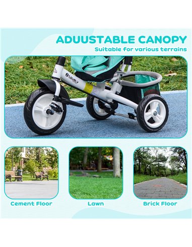 HOMCOM 4 in 1 Kids Trike Push Bike w/ Push Handle, Canopy, 5-point Safety Belt, Storage, Footrest, Brake, for 1-5 Years, Green 3