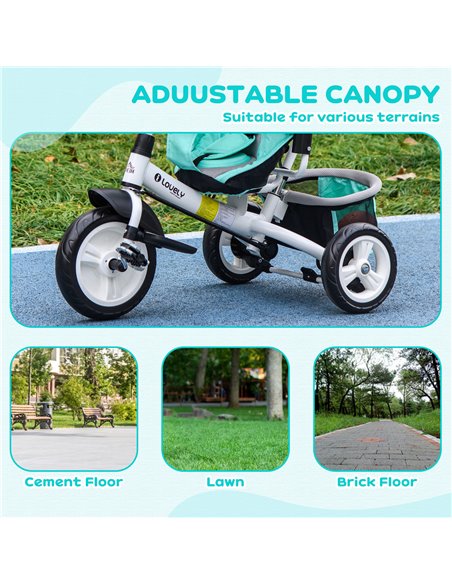 HOMCOM 4 in 1 Kids Trike Push Bike w/ Push Handle, Canopy, 5-point Safety Belt, Storage, Footrest, Brake, for 1-5 Years, Green 3 - pic 60974 | FastDaddyshop