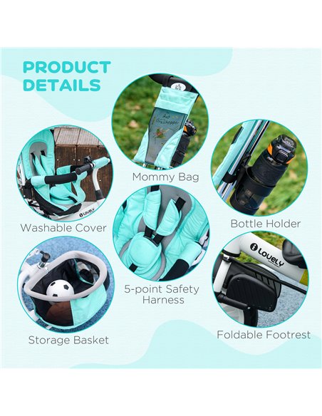 HOMCOM 4 in 1 Kids Trike Push Bike w/ Push Handle, Canopy, 5-point Safety Belt, Storage, Footrest, Brake, for 1-5 Years, Green 3 - pic 60975 | FastDaddyshop