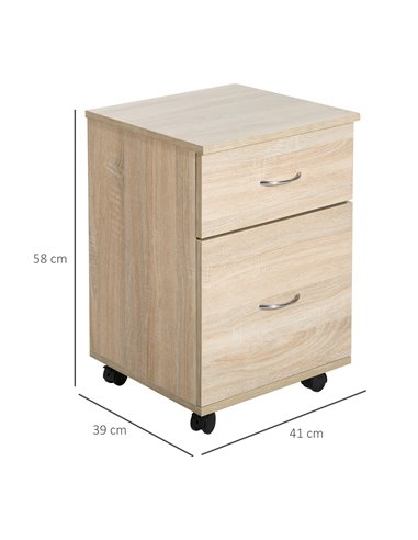 HOMCOM File Cabinet Cupboard Storage with Two Drawers, Table Storage Box with Wheels, Cabinet Bedside Table Storage Box, Oak 836