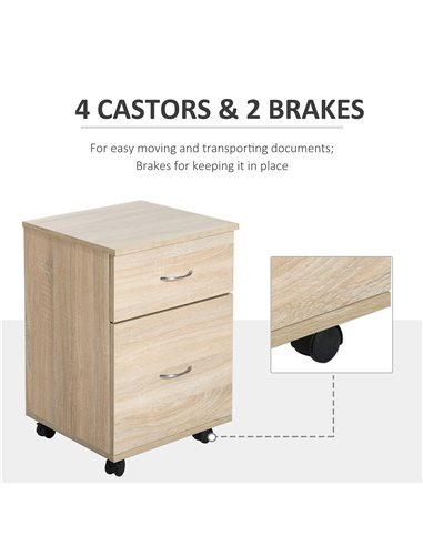 HOMCOM File Cabinet Cupboard Storage with Two Drawers, Table Storage Box with Wheels, Cabinet Bedside Table Storage Box, Oak 836