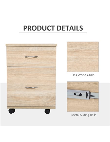 HOMCOM File Cabinet Cupboard Storage with Two Drawers, Table Storage Box with Wheels, Cabinet Bedside Table Storage Box, Oak 836 - pic 60983 | FastDaddyshop