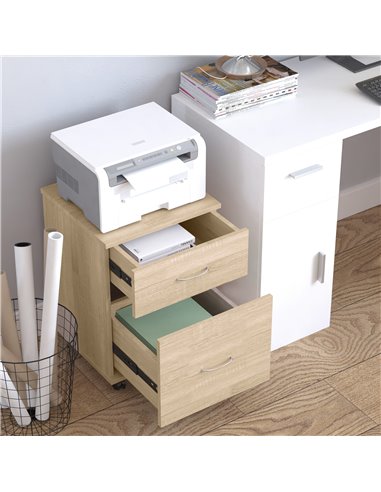 HOMCOM File Cabinet Cupboard Storage with Two Drawers, Table Storage Box with Wheels, Cabinet Bedside Table Storage Box, Oak 836