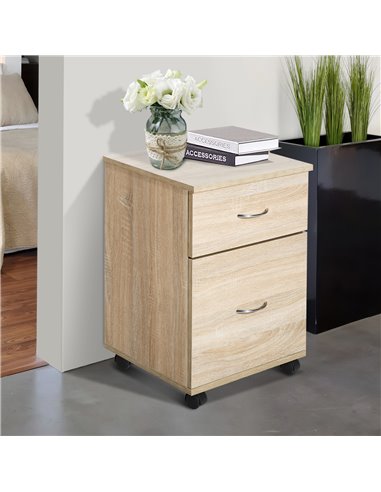 HOMCOM File Cabinet Cupboard Storage with Two Drawers, Table Storage Box with Wheels, Cabinet Bedside Table Storage Box, Oak 836