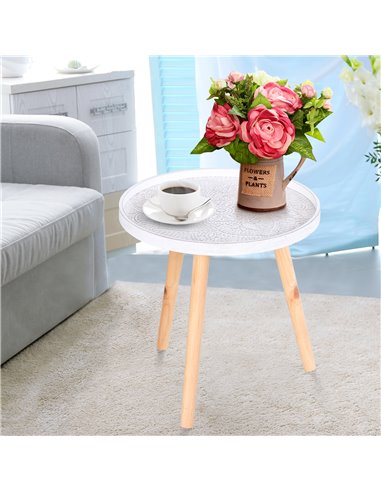 HOMCOM Elegant Flower Etched Side Table with Saucer Top, Wood Legs, for Living Room Bedroom, Coffee End Table, White 833-730