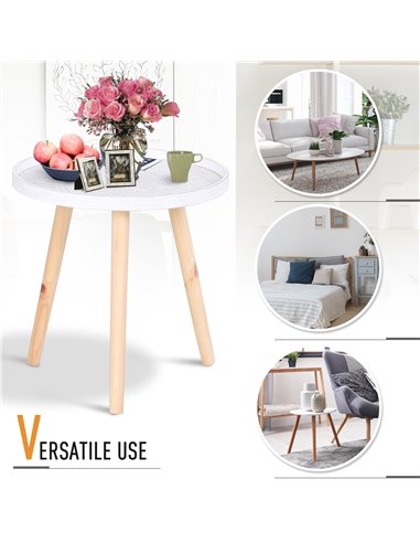 HOMCOM Elegant Flower Etched Side Table with Saucer Top, Wood Legs, for Living Room Bedroom, Coffee End Table, White 833-730