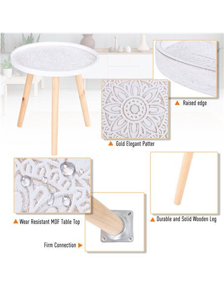 HOMCOM Elegant Flower Etched Side Table with Saucer Top, Wood Legs, for Living Room Bedroom, Coffee End Table, White 833-730 - pic 60992 | FastDaddyshop