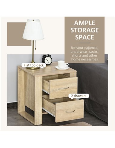 HOMCOM Bedside Table with 2 Drawers, Modern Boxy Design, Elevated Base, Melamine Finish, Bedroom Storage, Oak Brown 831-293ND