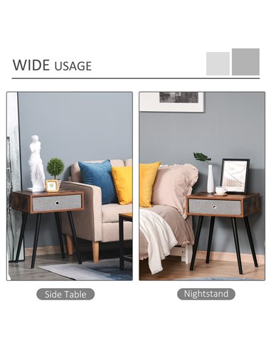 HOMCOM Side Table, Nightstand, End Table with Removable Fabric Drawer, Retro Style Accent Furniture with Wooden Legs, Rustic Bro